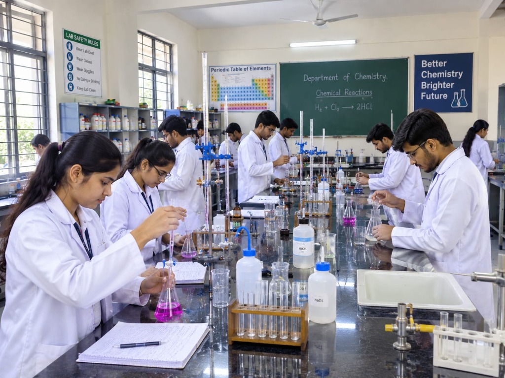 Students conducting chemical reactions and titrations in Chemistry Lab