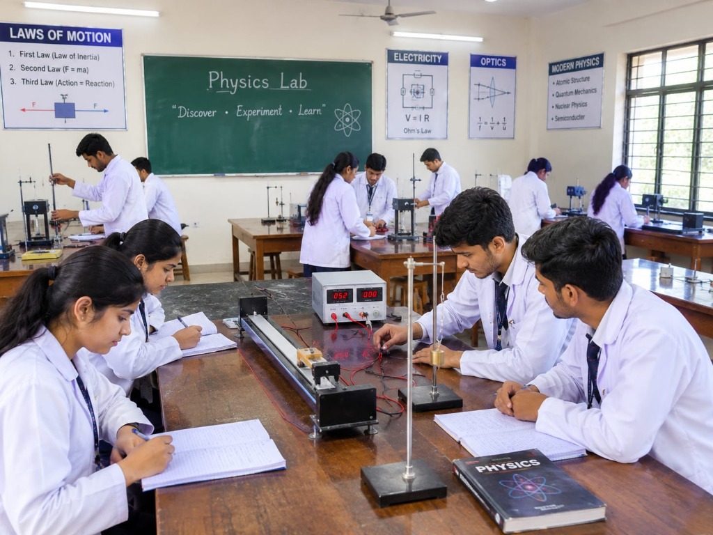 Students conducting electricity and mechanics experiments in Physics Lab