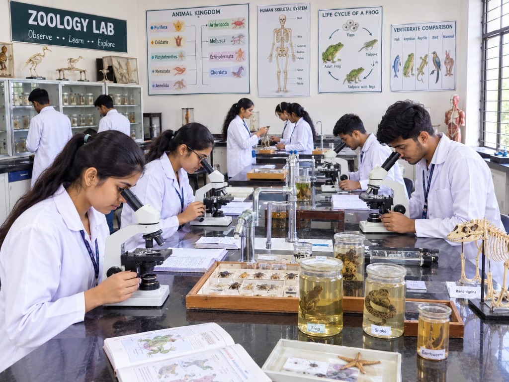 Students observing animal biology and dissection in Zoology Lab